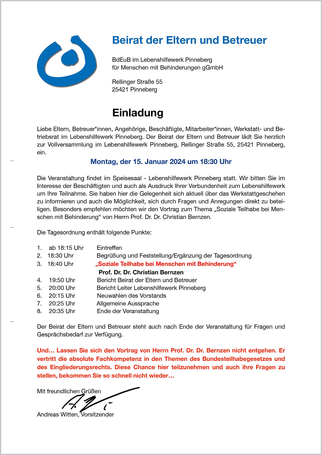 Einladung zur Vollversammlung des Beirats der Eltern und Betreuer im Lebenshilfewerk Pinneberg